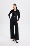 Asimetrik Metal Düğme Detaylı Siyah Poplin Gömlek