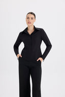 Belden Oturan Klasik Kesim Siyah Poplin Gömlek