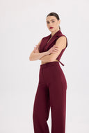 Blazer Yaka Tül Detaylı Bordo Crop Yelek