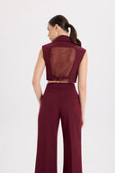 Blazer Yaka Tül Detaylı Bordo Crop Yelek